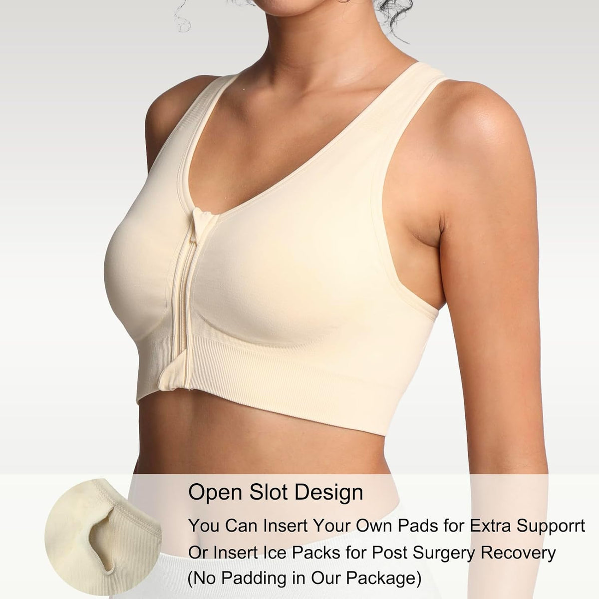 Lemef Front Zipper Sports Bras High Impack Post Op Compression Bras for Women Post Surgery Wireless Racerback Yoga Bra