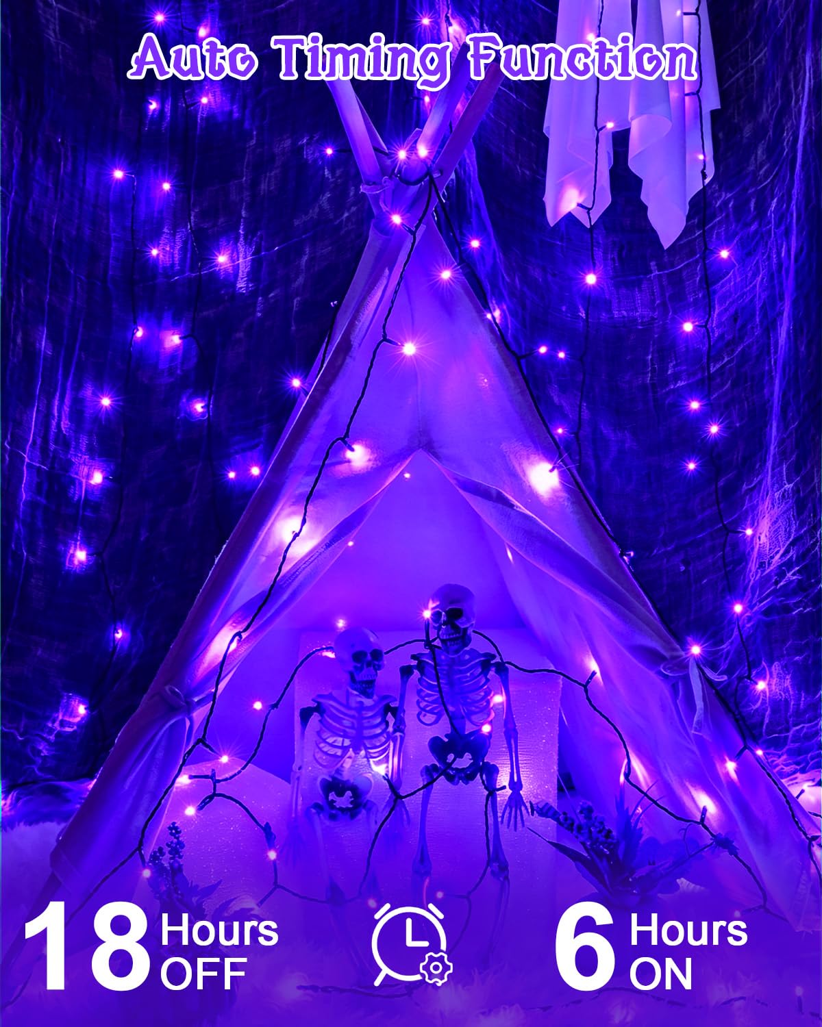 Dalugo Halloween Decoration Lights, 5M 50 LED Orange Purple White Fairy Lights with Timer, IP65 Waterproof Battery Powered Lights for Indoor Outdoor Autumn Halloween Decorations(Green Wire)
