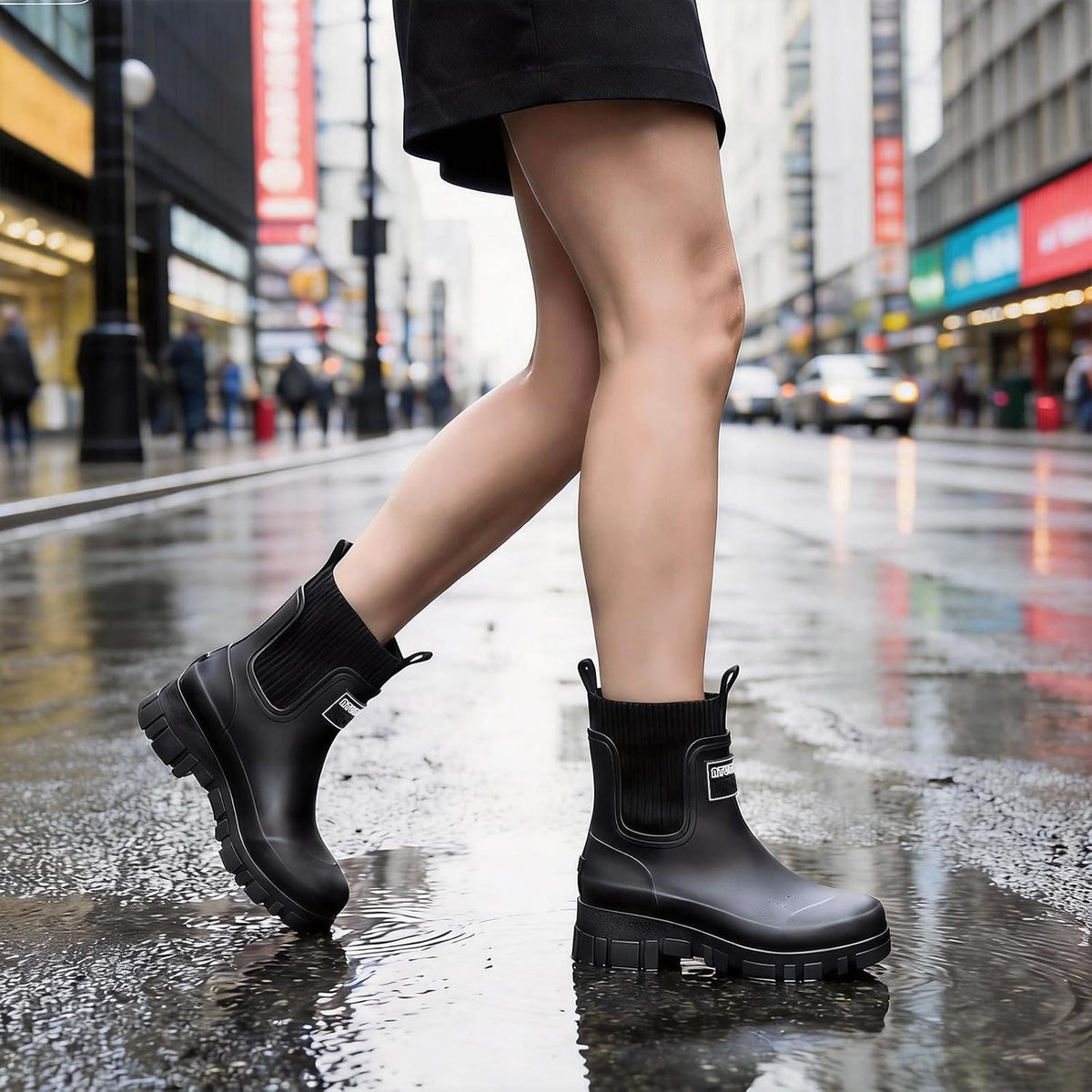 FOGOIN Women Chelsea Rain Boots Mid-Calf Waterproof Lightweight Non-Slip Garden Booties Warm Lined Comfortable Slip On