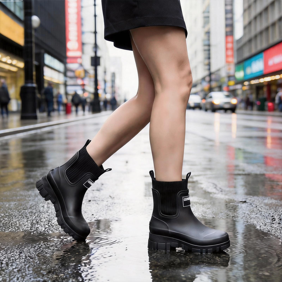 FOGOIN Women Chelsea Rain Boots Mid-Calf Waterproof Lightweight Non-Slip Garden Booties Warm Lined Comfortable Slip On