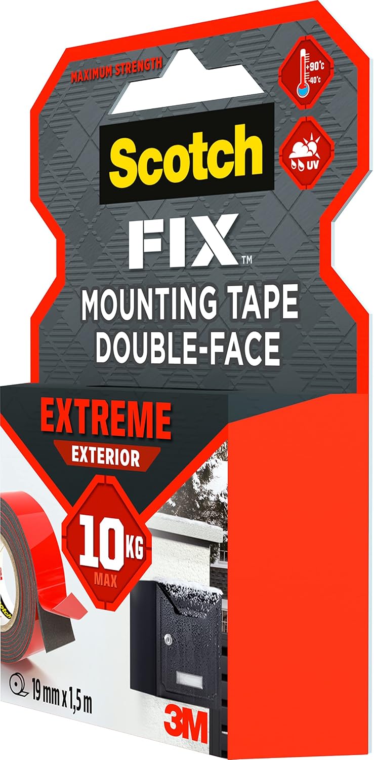 Scotch-Fix Double-Sided Extreme Exterior Mounting Tape, 19mm x 1,5m - For Outdoor Extreme Use, Weather Resistant, Permanent Tape, 100% Adhesive, 3M Advanced Technology - Holds up to 10kg