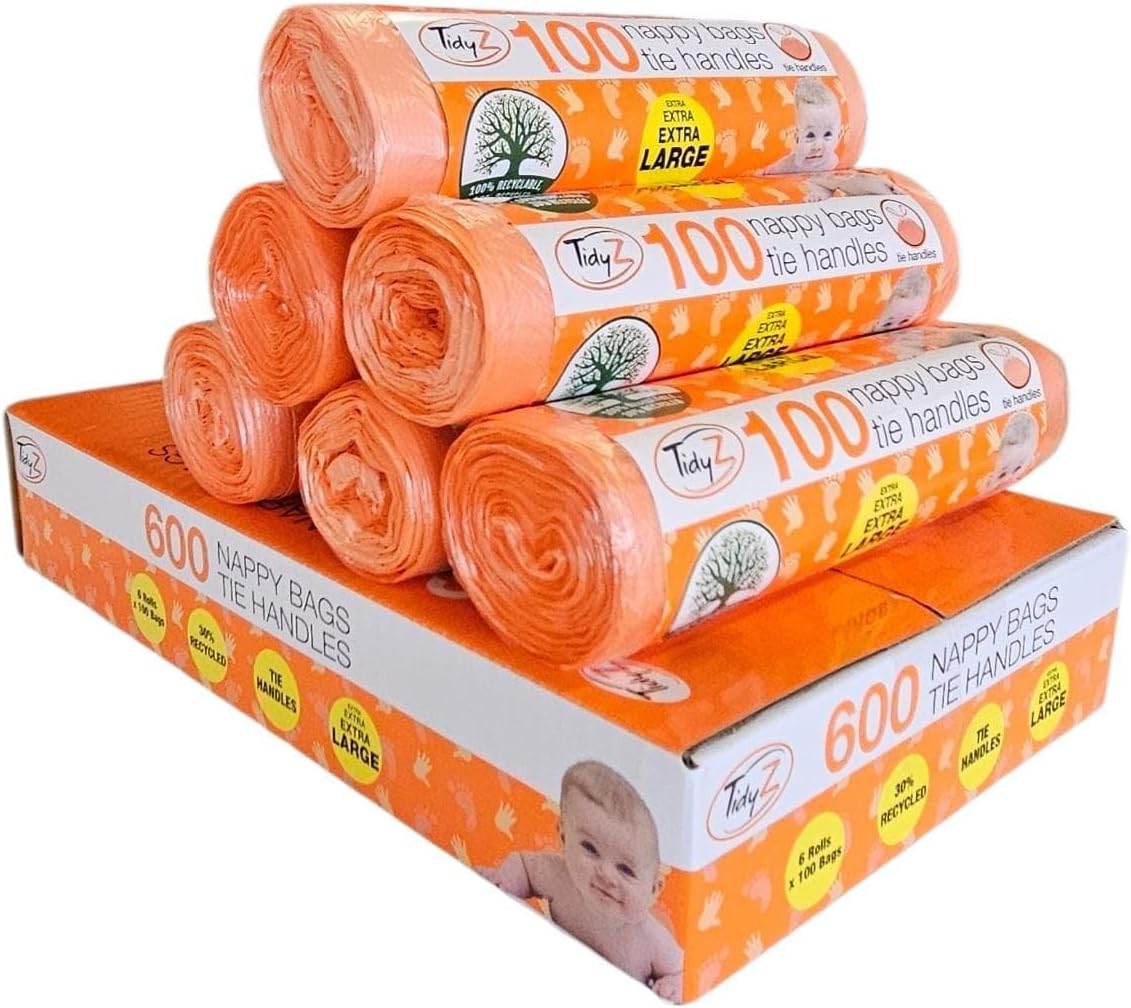 600 TidyZ Extra Large Disposable Nappy Bags. With Tie Handles. Made with a minimum of 30% Recycled Plastic. On a roll for Safety. Suitable for babies nappies, wipes, travel waste. 6 rolls of 100 bags