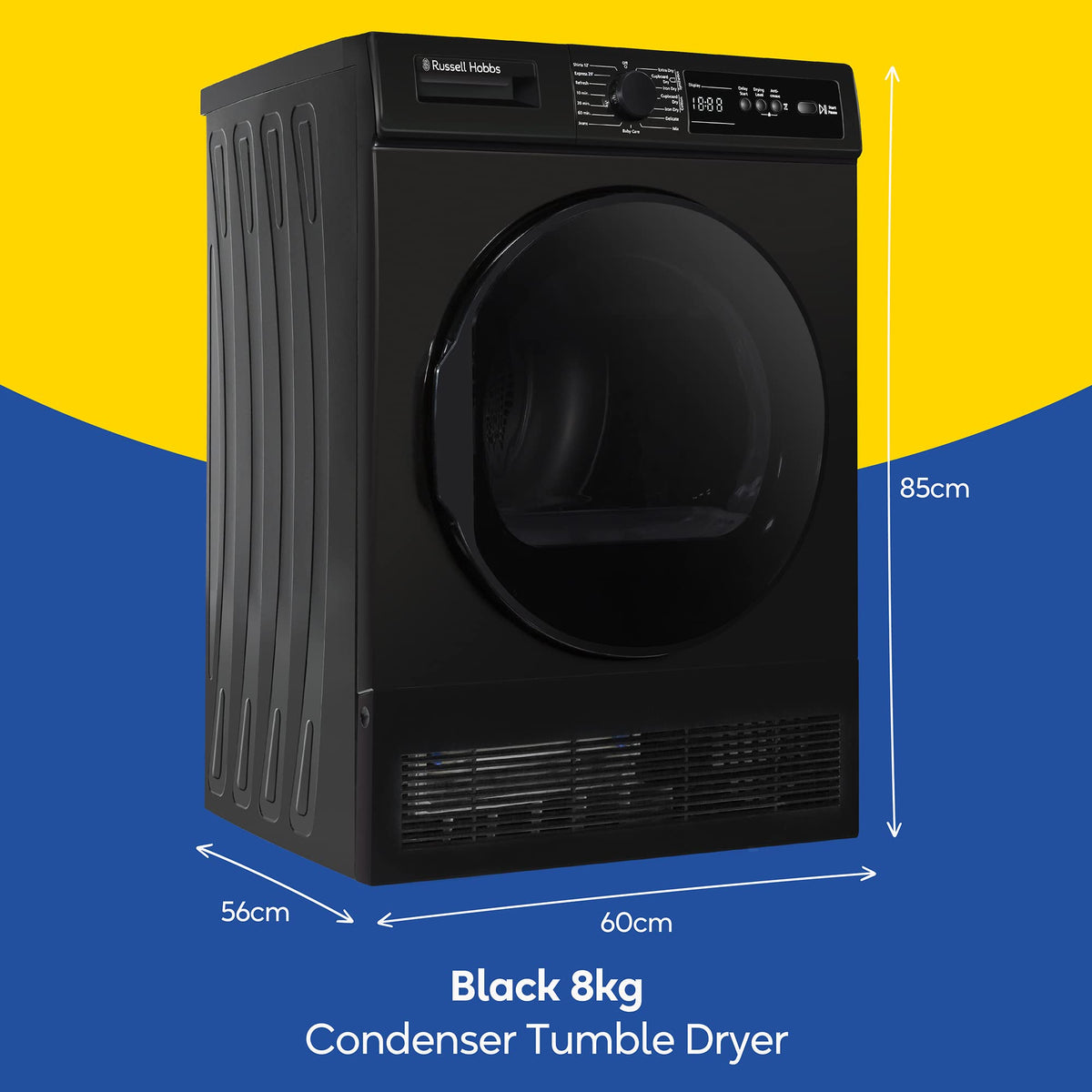 Russell Hobbs Freestanding Condenser Dryer Electric Tumble Dryer 15 Programmes 8kg Capacity 3 Heat Settings LED Display DelayStart Anti-Crease Child Lock Black Clothes Dryer RH8CTD111B