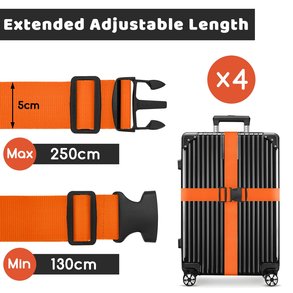 WISYOK Luggage Straps Extended, 4 Pack, 130-250cm Adjustable, Blue Orange