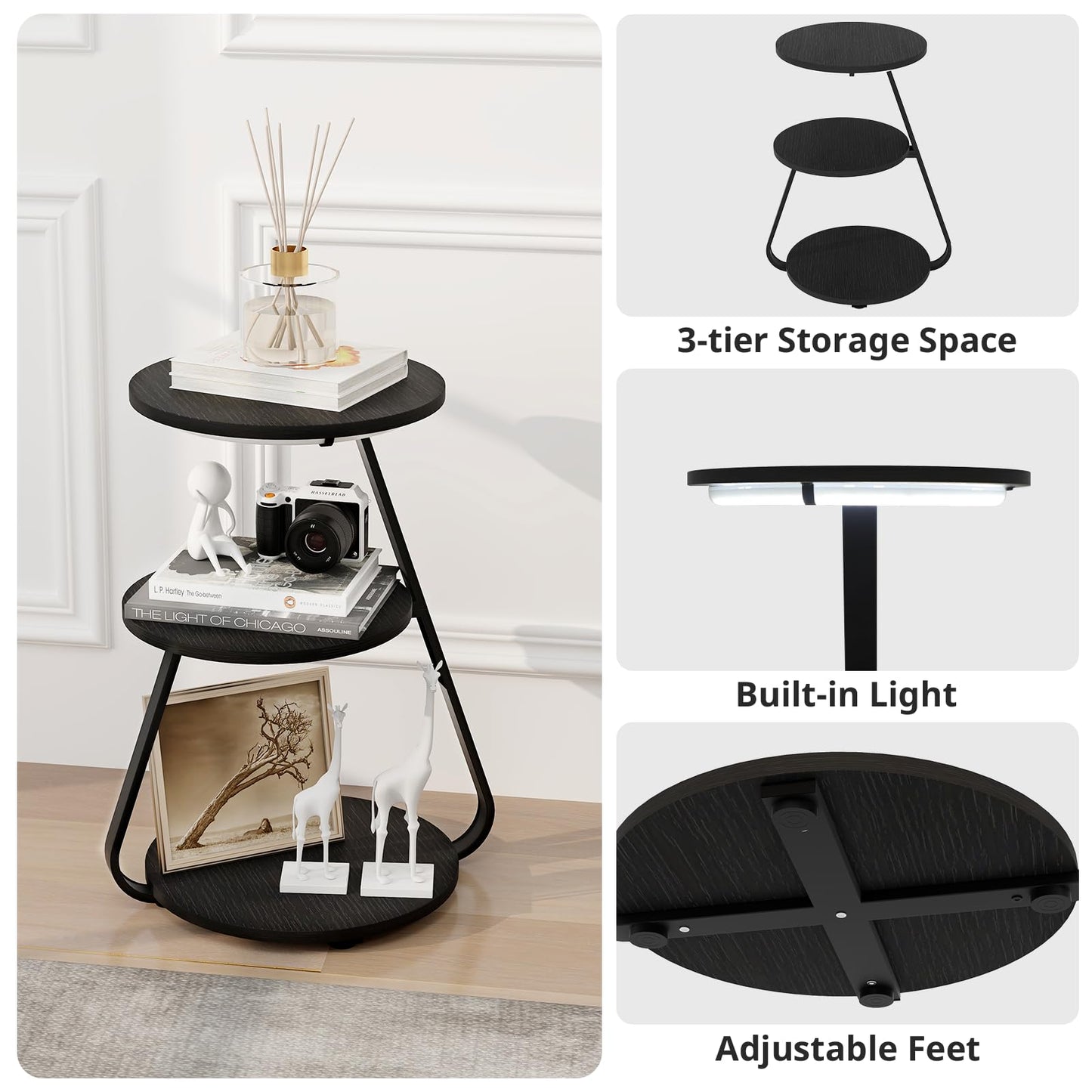 ARTETHYS Side Table, Small Round Coffee Table with 3 Color LED Lights, End Table with 3 Tier Storage Shelves, Bedside Sofa Side Tables for Living Room Bedroom, Rustic Brown