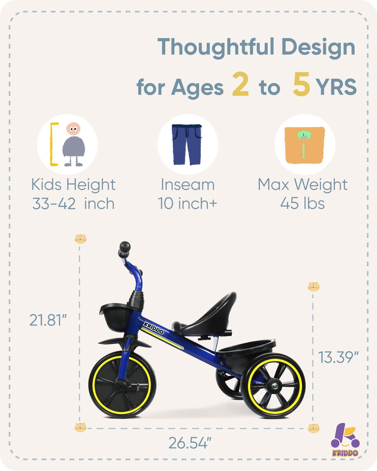 KRIDDO Toddler Tricycle — Anti-Tip Design, BPA-Free | Ages 18 Months to 4 Years | Pink