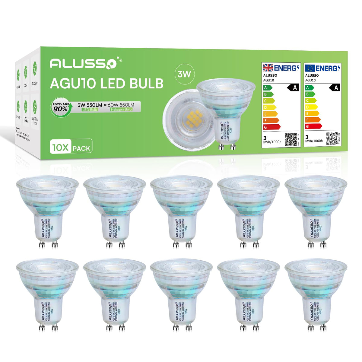 ALUSSO 5W GU10 LED Bulbs Warm White 3000K, 400LM Brightness Pack of 4