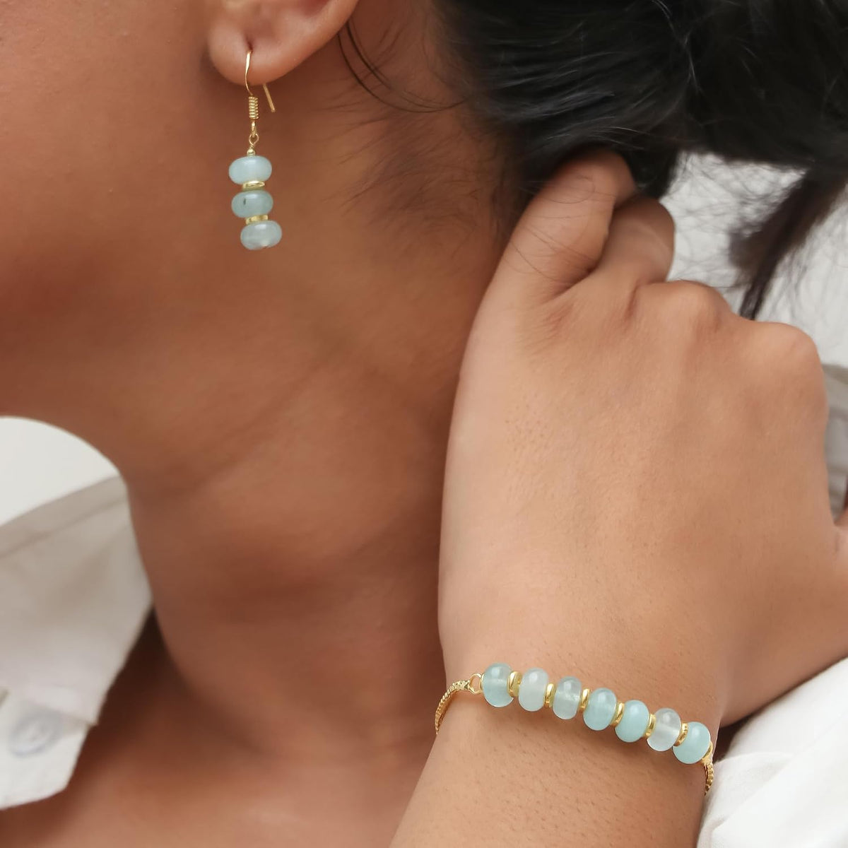 Gempires Natural Gemstone Rondelle Bead Earrings for Women | 8mm Beaded Drop Dangle Earrings | Gold Plated Hypoallergenic Hook Jewelry | Handmade Lightweight Crystal Earrings