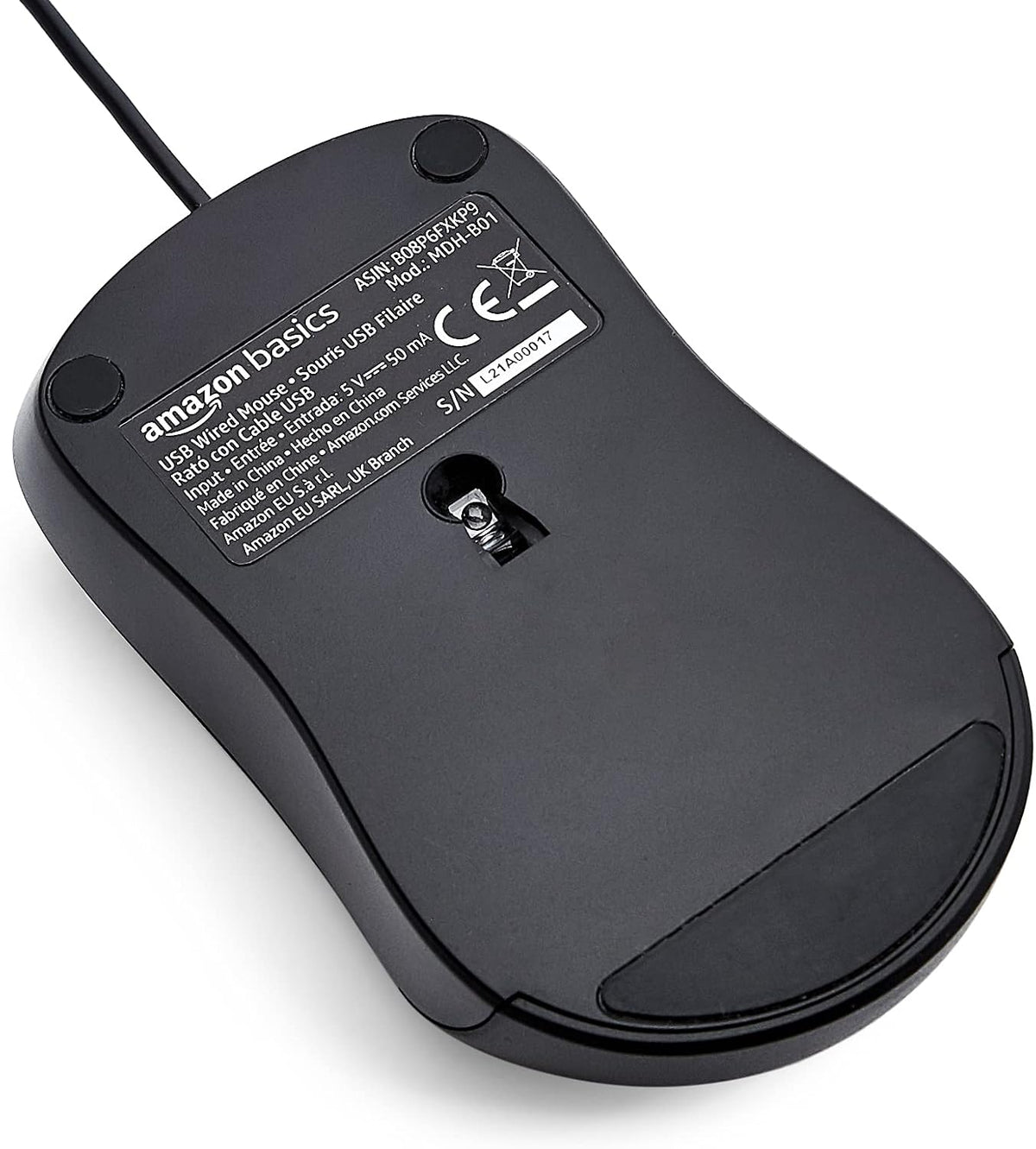 Amazon Basics 3-Button USB Wired Quiet Mouse – Standard, Black