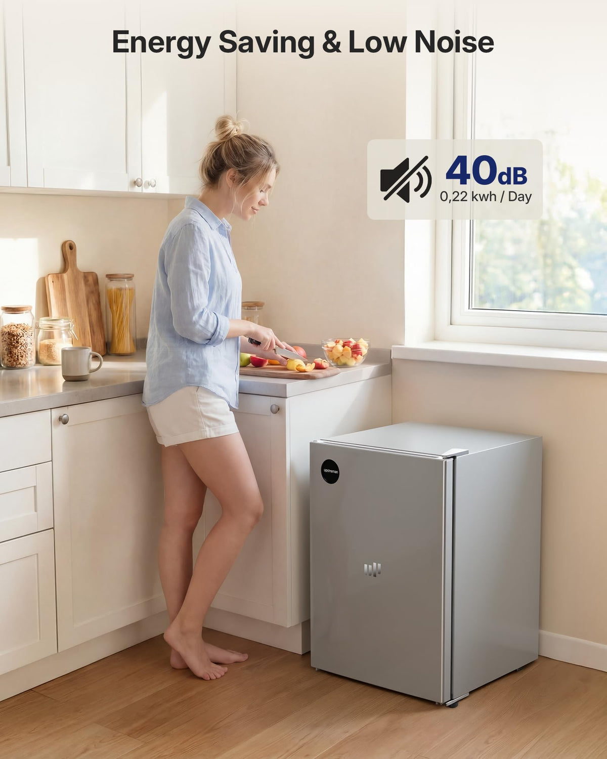 Upstreman 71L Fridge Without Freezer Compartment, 1-10°C 7-Step Temperature Control, LED Lighting, 40dB Quiet, Energy-Saving Full-Size Refrigerator for Bedroom, Office, Kitchen, CR71-Dark gray