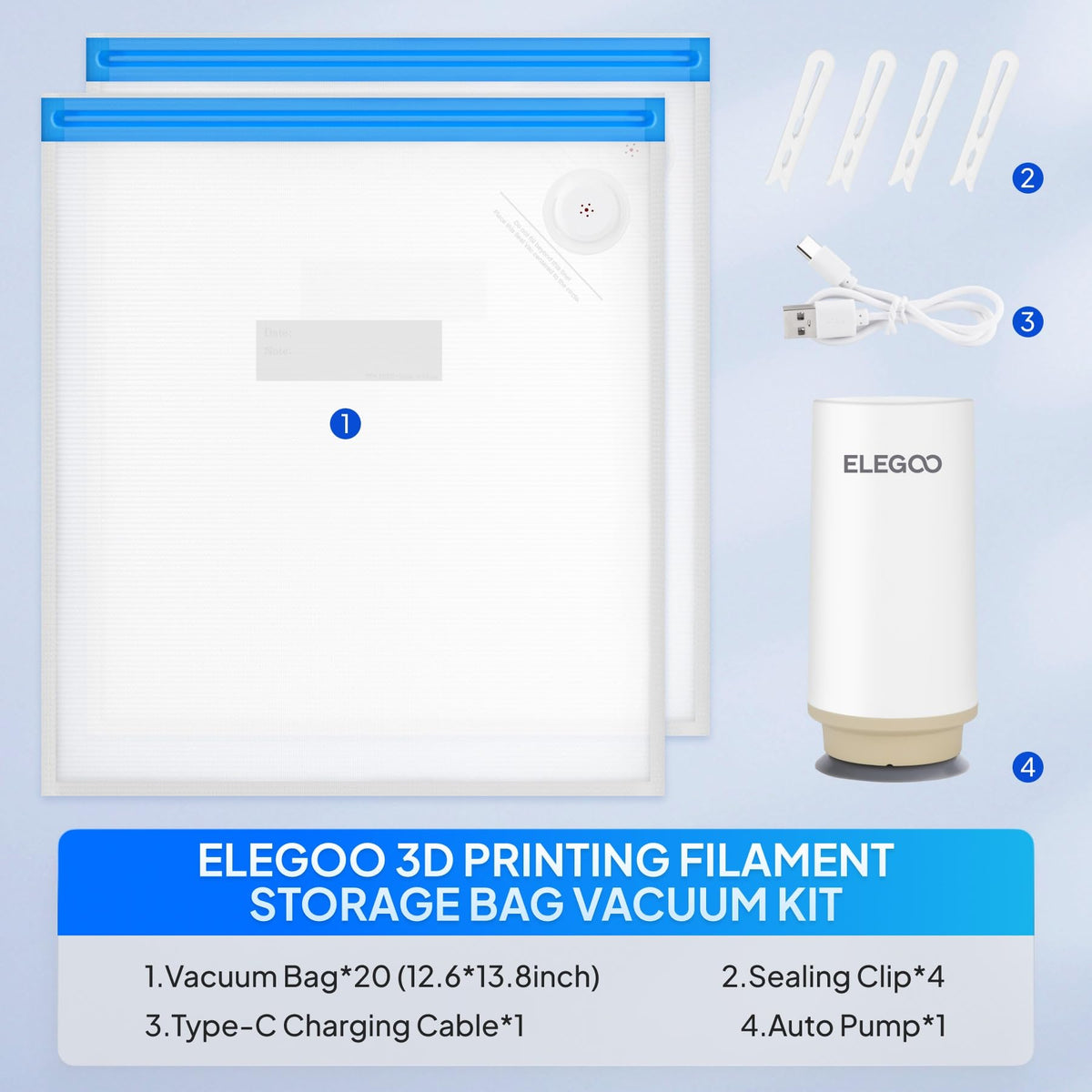 ELEGOO Filament Vacuum Kit 20 Bags Auto Pump (35x32cm)