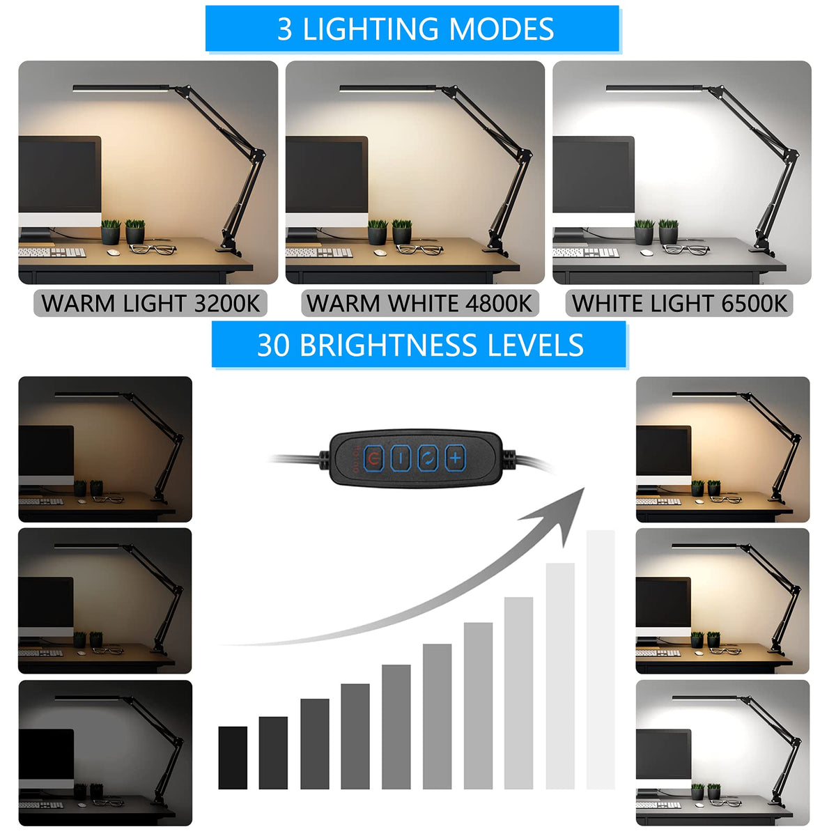 SKYLEO LED Desk Lamp with Clip and Base - Eye Protection Desk Lamps Black