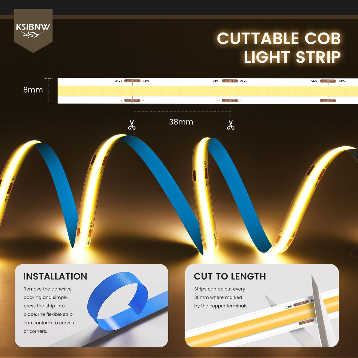 KSIBNW LED Strip Light COB 24V, 5M Cool White 6000K Led Strip Lights 5mm Width LED Tape Lights Flexible CRI90+ Uniform Dotless for Bedroom Cabinet Kitchen Decoration (No Power Supply)