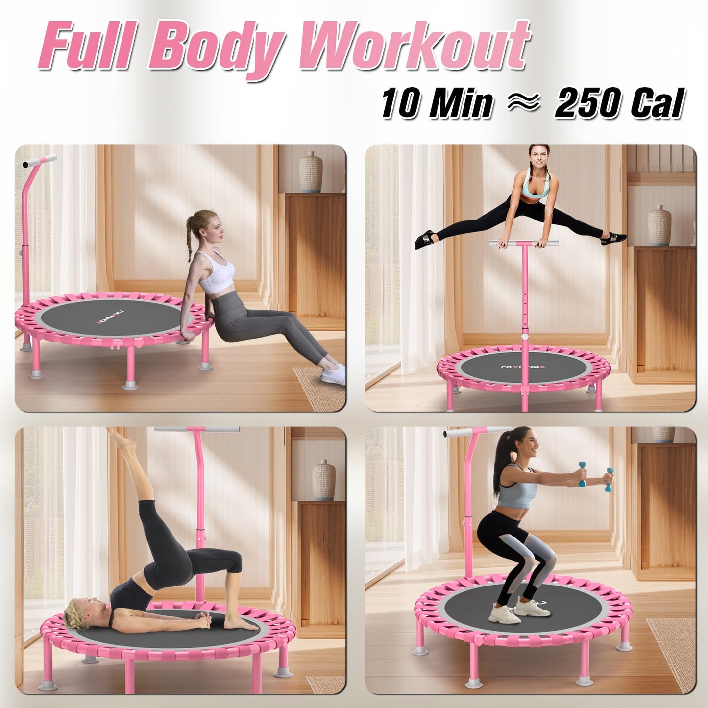 ZCMHAXJ Foldable Mini Trampoline, 40" Rebounder Trampoline for Adults & Kids, 450lbs Capacity with/without U/T-Shaped Adjustable Bar, Indoor Fitness Workout Exercise Equipment