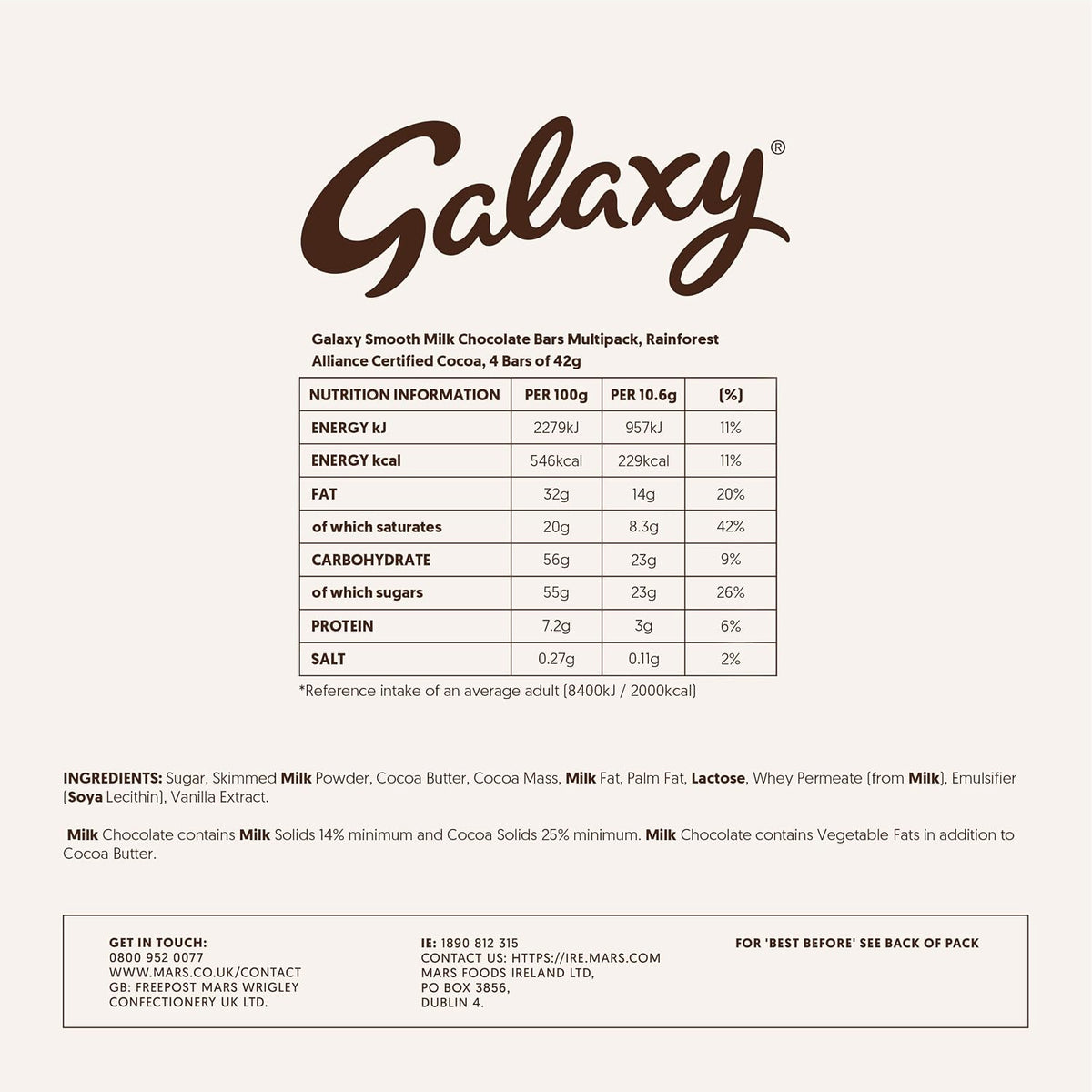 Galaxy Smooth Milk Chocolate Bars Multipack Vegetarian Snack Treat 4 x 42g