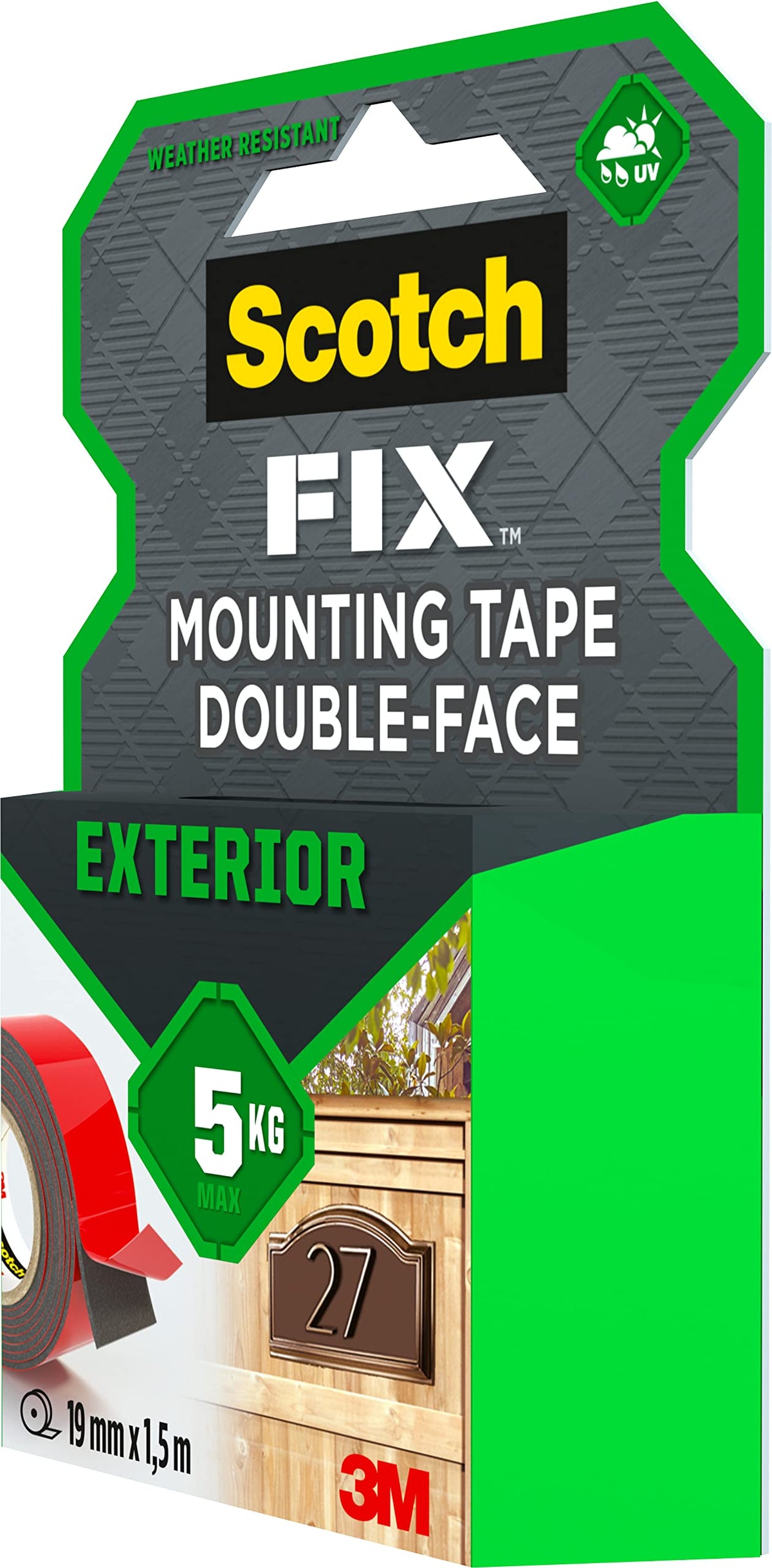 Scotch-Fix Double-Sided Extreme Exterior Mounting Tape, 19mm x 1,5m - For Outdoor Extreme Use, Weather Resistant, Permanent Tape, 100% Adhesive, 3M Advanced Technology - Holds up to 10kg