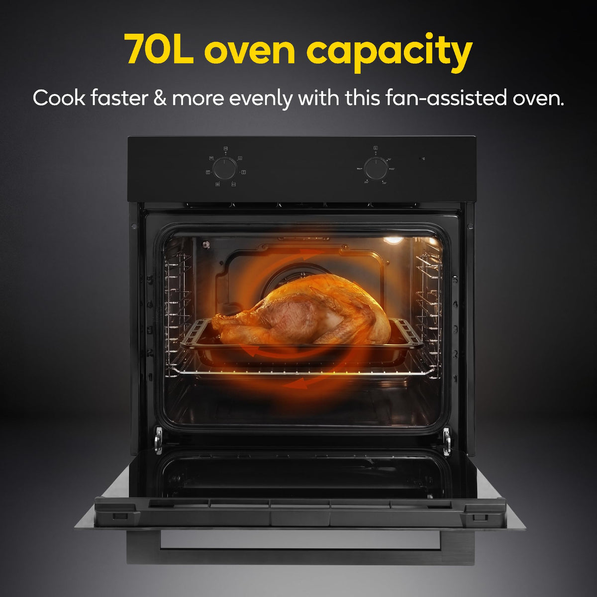 Russell Hobbs 70L, 60cm Wide, Single Electric Built-in Fan Oven and Grill in Stainless Steel, 6 Oven Functions, RHFEO7004SS