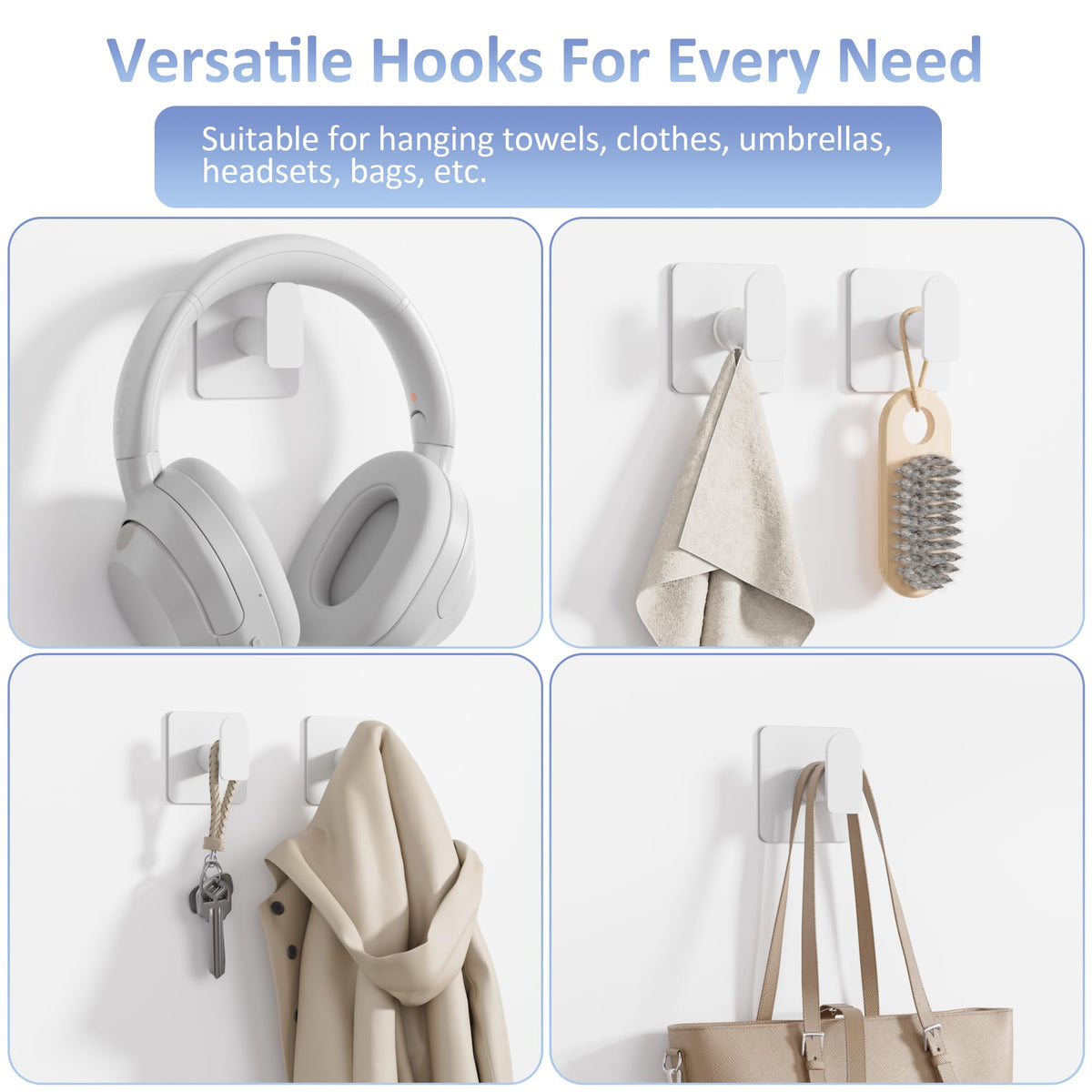 Aikzik 4 Pack of Self Adhesive Hooks, Max 8kg Load Sticky Hooks, Tea Towel Hooks, Versatile Self-Adhesive Wall Hooks for Use in Bathrooms, Kitchens, Doors, Cupboards, Bed Curtains, Towels, Key