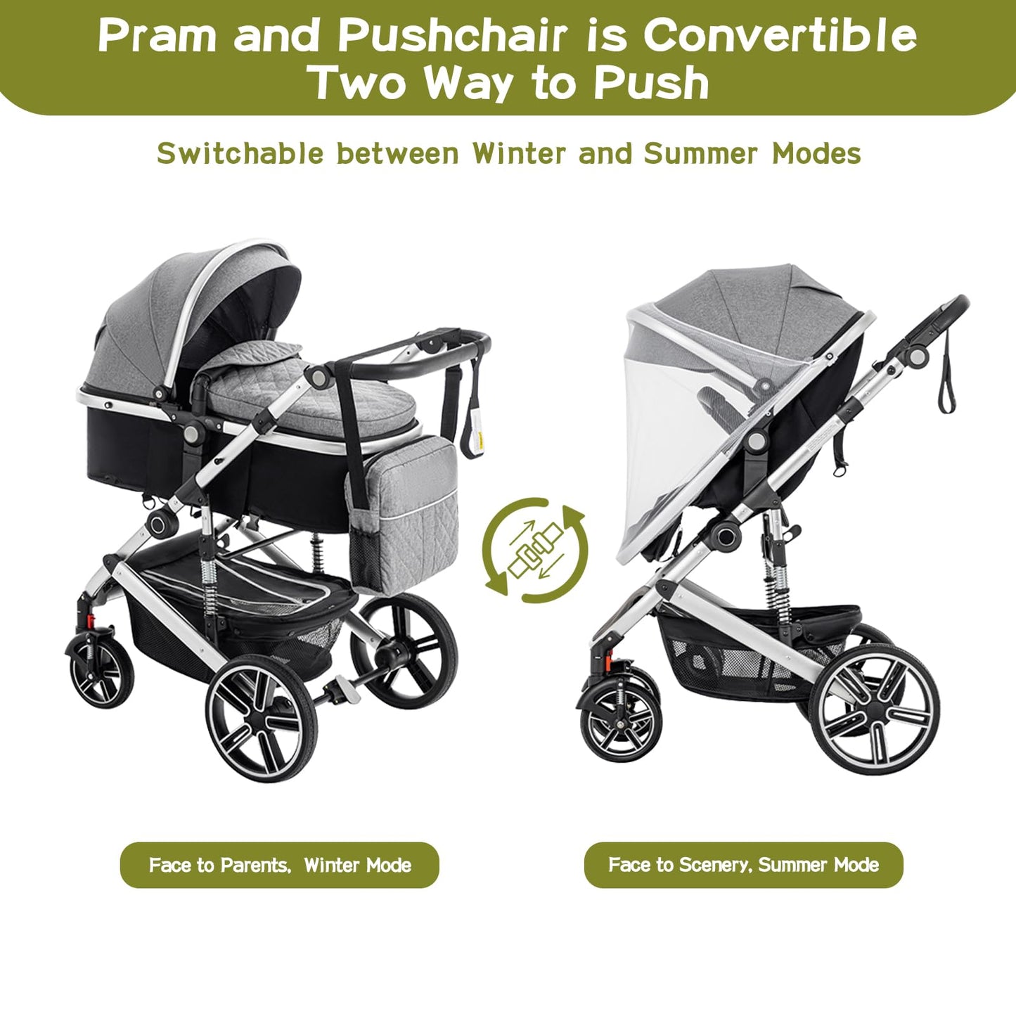 Gcarebb 3 in 1 Prams Travel System, Pushchair with Height Adjustable Handle, Travel Pram with Mosquito Net, Baby Stroller with Aluminum Frame for Newborn 0-4 Years
