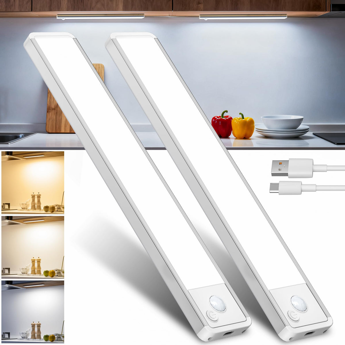 5-Pack Motion Sensor LED Under Cabinet Lights, 20cm Adjustable Kitchen Drawer Lighting with 3 Colour Temperatures for Wall Cabinets and Shelves