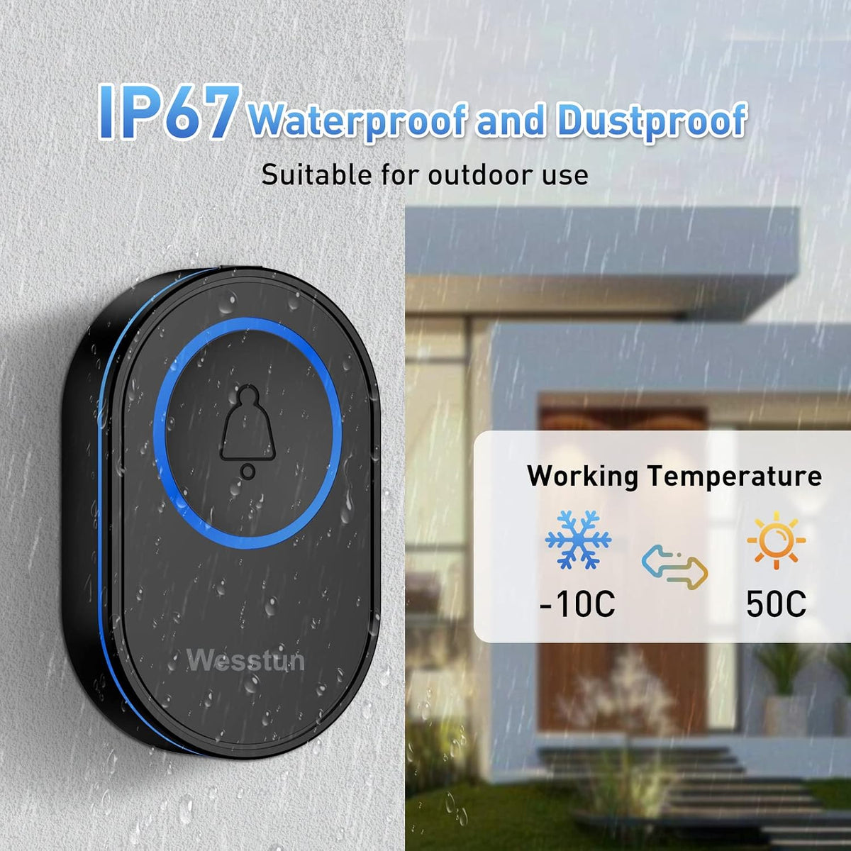 Wireless Doorbell, 300m Range with 39 Melodies, Easy Install, Black