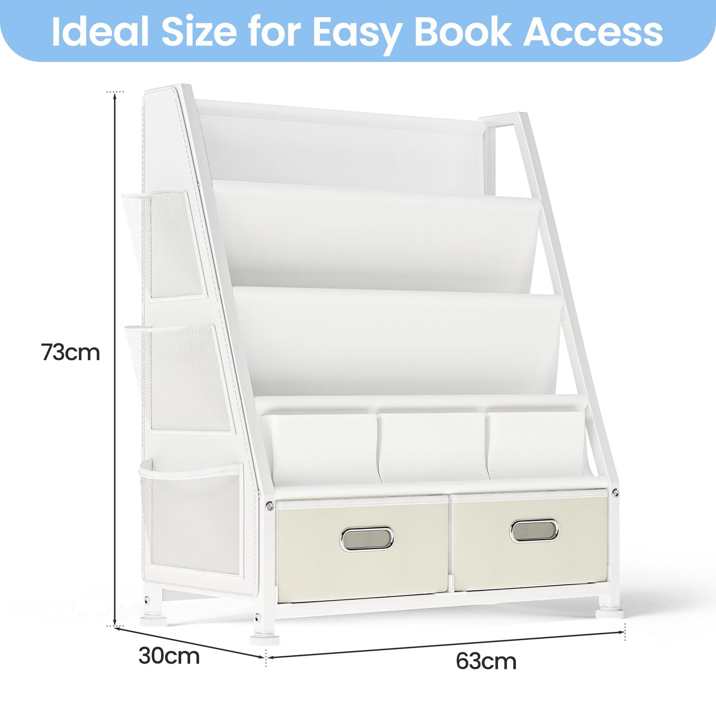 GoTiling Kids Bookshelf and Toy Storage Organizer: 3-Tier Sling Book Shelf with 3 Side Pockets for Kids Room - Toy Storage Organizer with 2 Fabric Drawers for Nursery, Bedroom, Playroom
