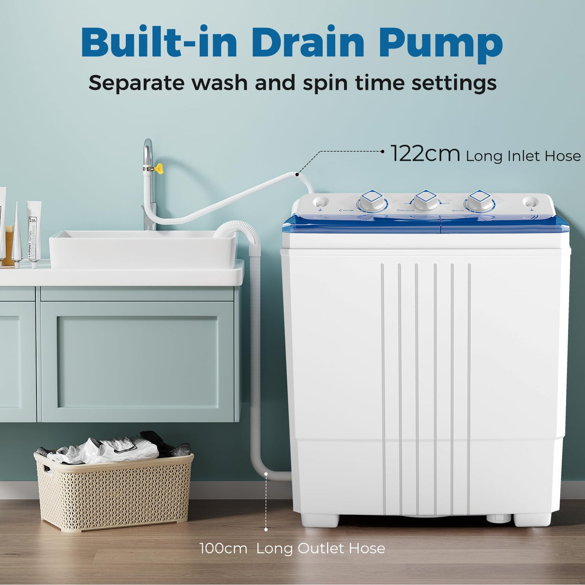 COSTWAY Twin Tub Washing Machine, 8KG (5KG Washer+3KG Dryer)