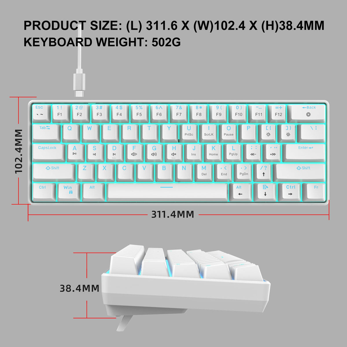 Snpurdiri Wired Mechanical Gaming Keyboard, 60% Size, LED Backlight, 61 Keys, Small Wired Office Keyboard for Windows Laptop/PC, Mac (Black-Red, Blue Switches)