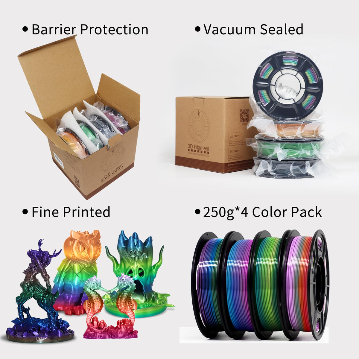 YOUSU 3D Printer Filament Bundle,Glow in The Dark Filament Multicolor,PLA Filament 1.75 mm,Green, Blue,Purple and Rainbow Accuracy +/- 0.03 mm,250g X 4 Pack