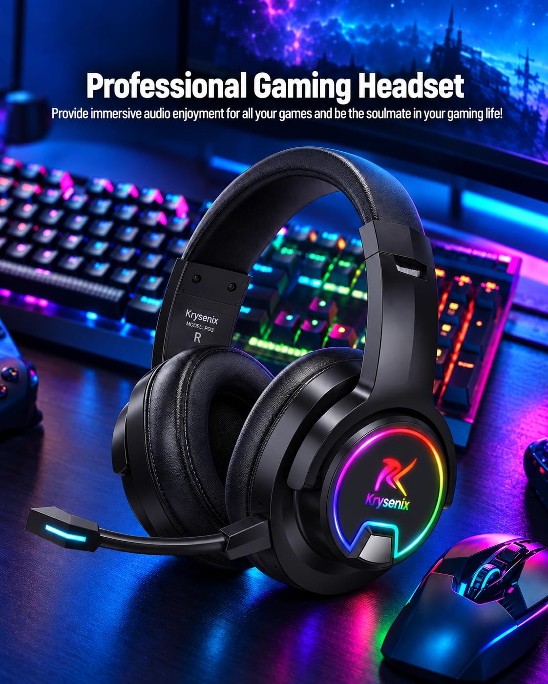 Krysenix PG3 Wireless Gaming Headset with Mic for PS5, PC, PS4, Mac, Switch