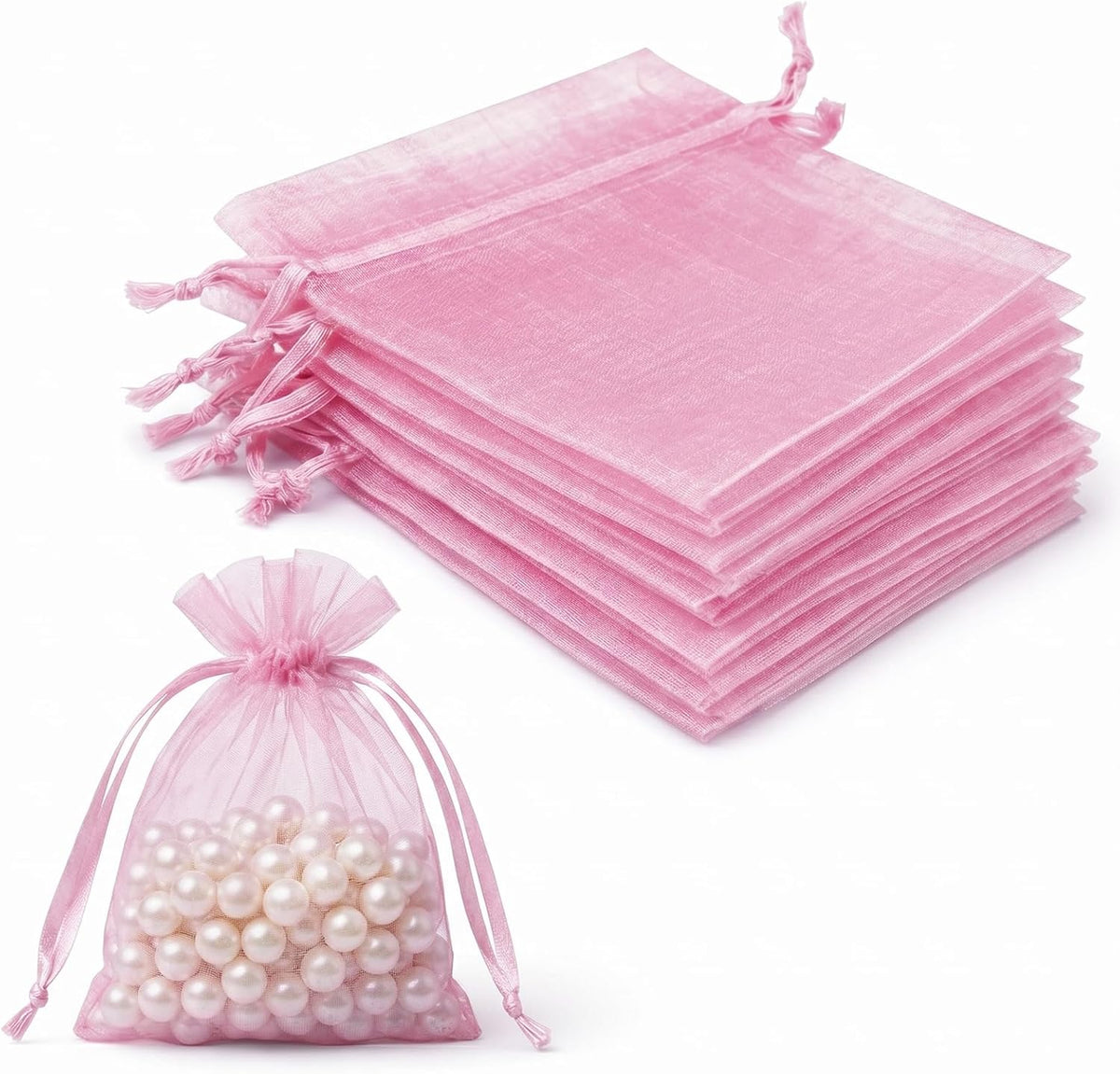 Lafefe 20Pcs Organza Gift Pouches, 7x9CM Clear Mesh Drawstring Pouches, Organza Gift Bags for Wedding Favours, Party, Festival, Candy and Game Favour Bags - Pink
