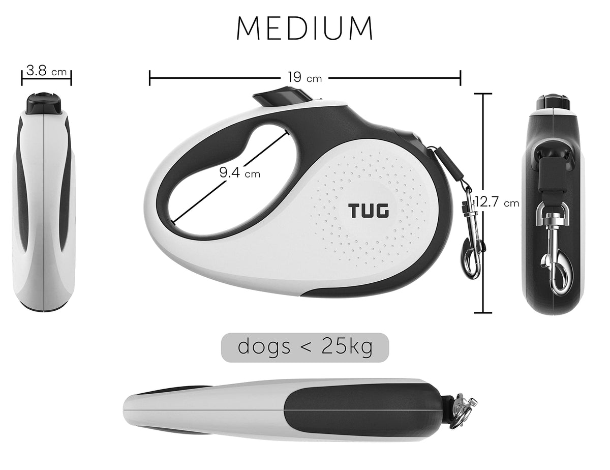 TUG 360° Tangle-Free Retractable Dog Lead for Up to 25 kg Dogs | 5 m Strong Nylon Tape | One-Handed Brake, Pause, Lock (Medium, White/Orange)
