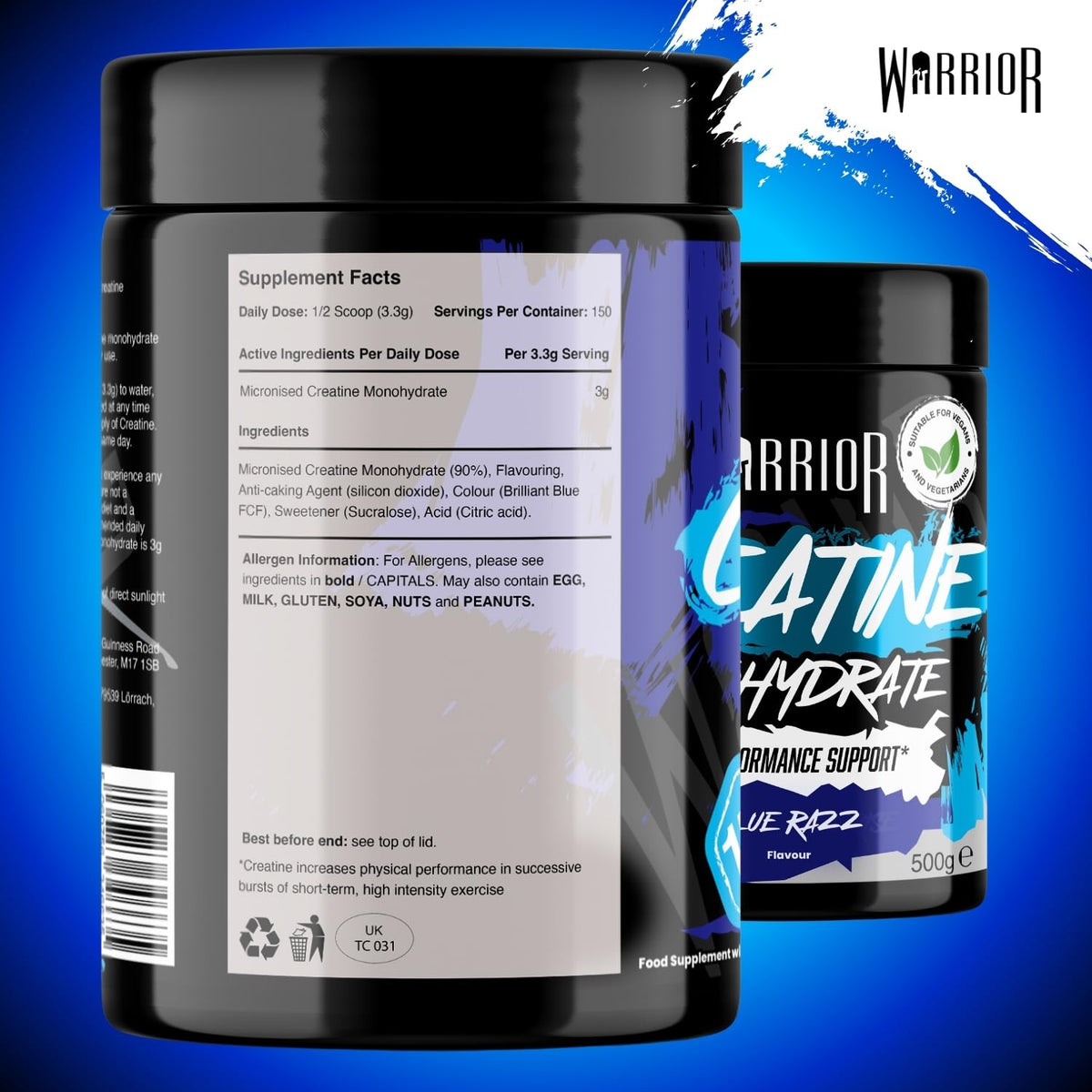 Warrior Creatine Monohydrate Powder 500g Pure Micronised (166 Servings)