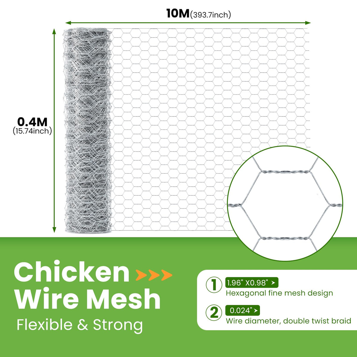 Chicken Wire, Chicken Wire Mesh Roll 35cm x 1m, Anti-Rust Hexagonal Galvanized Chicken Wire Mesh for DIY, Pet Rabbit Chicken Fencing