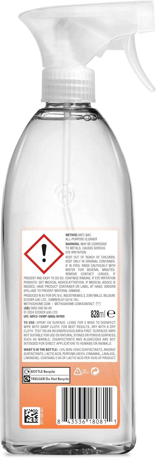 Method Anti-Bacterial Cleaner Spray, Orange Yuzu, Kills 99.9%, 828ml