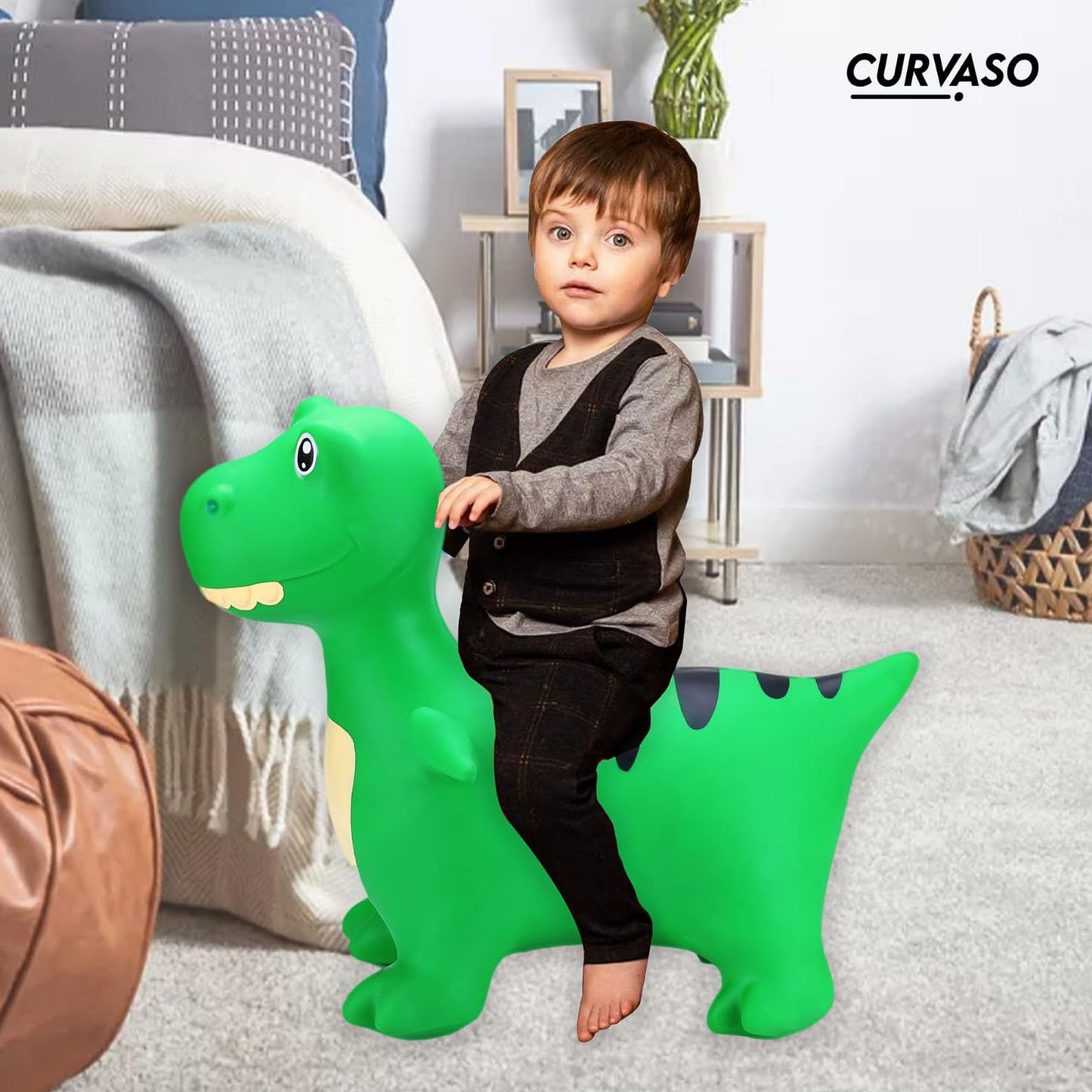 Green Dino Animal Bouncy Jump Space Hopper Inflatable Ride On Kids Children's Fun Toy Gift For Boys Girls Indoors Outdoors Pump Included PA7041