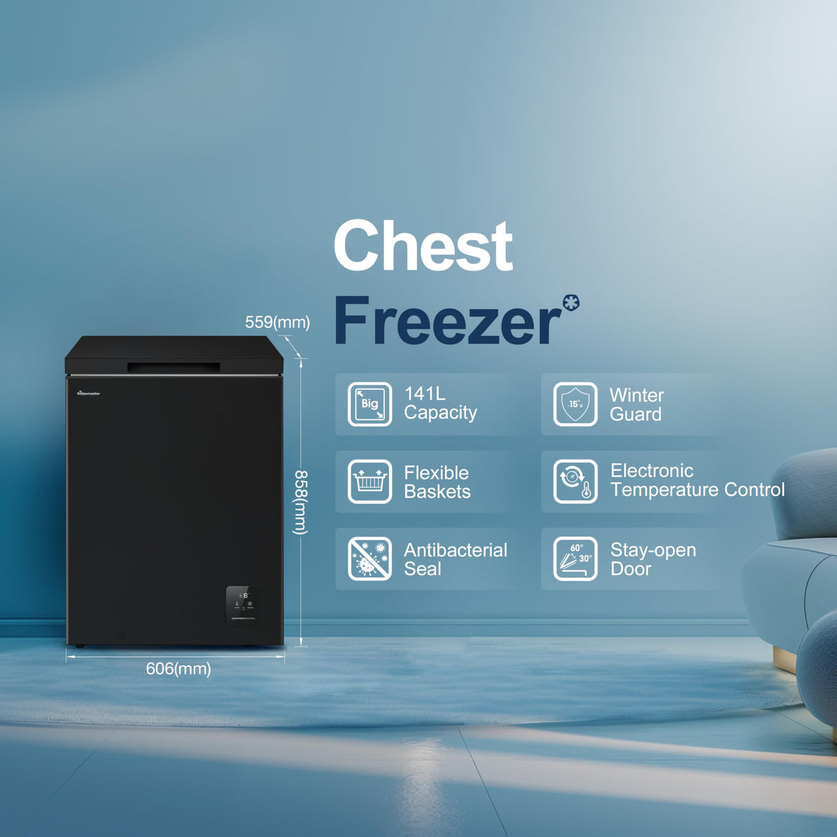 Fridgemaster White Chest Freezer, 97L Capacity, MCF100E， Freestanding, Mechanical Control, Winter Guard (-15°C), Low Noise 38dB, Basket Storage 858 (H) x 578 (W) x 444 (D) mm