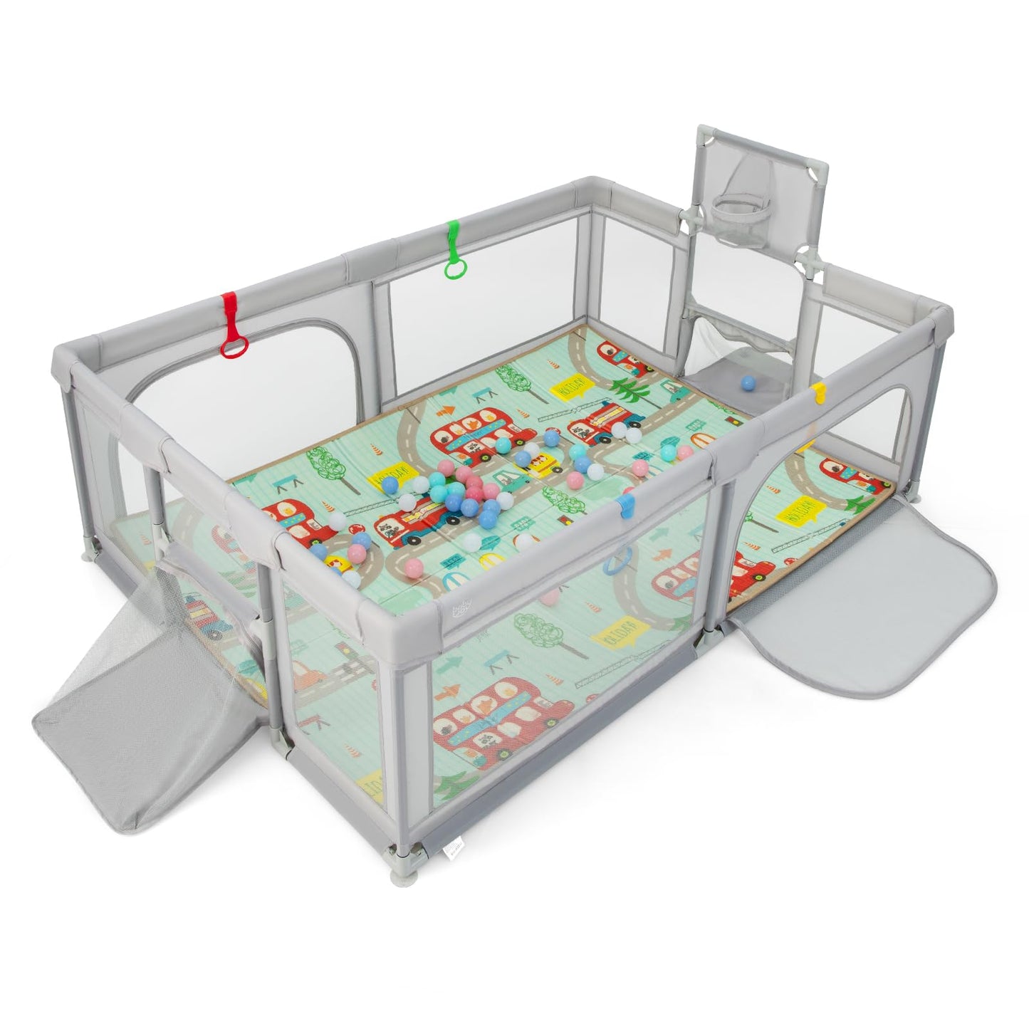 COSTWAY Baby Playpen, Toddler Mesh Play Pen with Mat, Pull Rings, Basketball Hoop, Football Nets, Ocean Balls, Indoor Outdoor Safety Playard for Babies and Toddlers (Light Gray, 207 x 142cm)