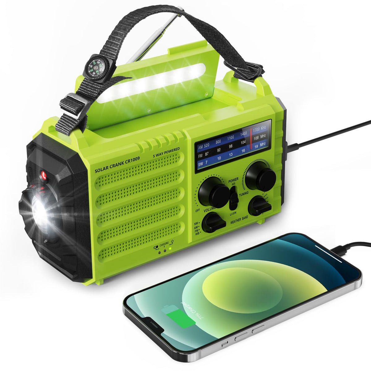 Mesqool Wind Up Radio Solar Powered, 5000mAh Emergency Hand Crank AM FM Radio with Flashlight, Reading Lamp, USB Phone Charger, SOS Alarm and Compass