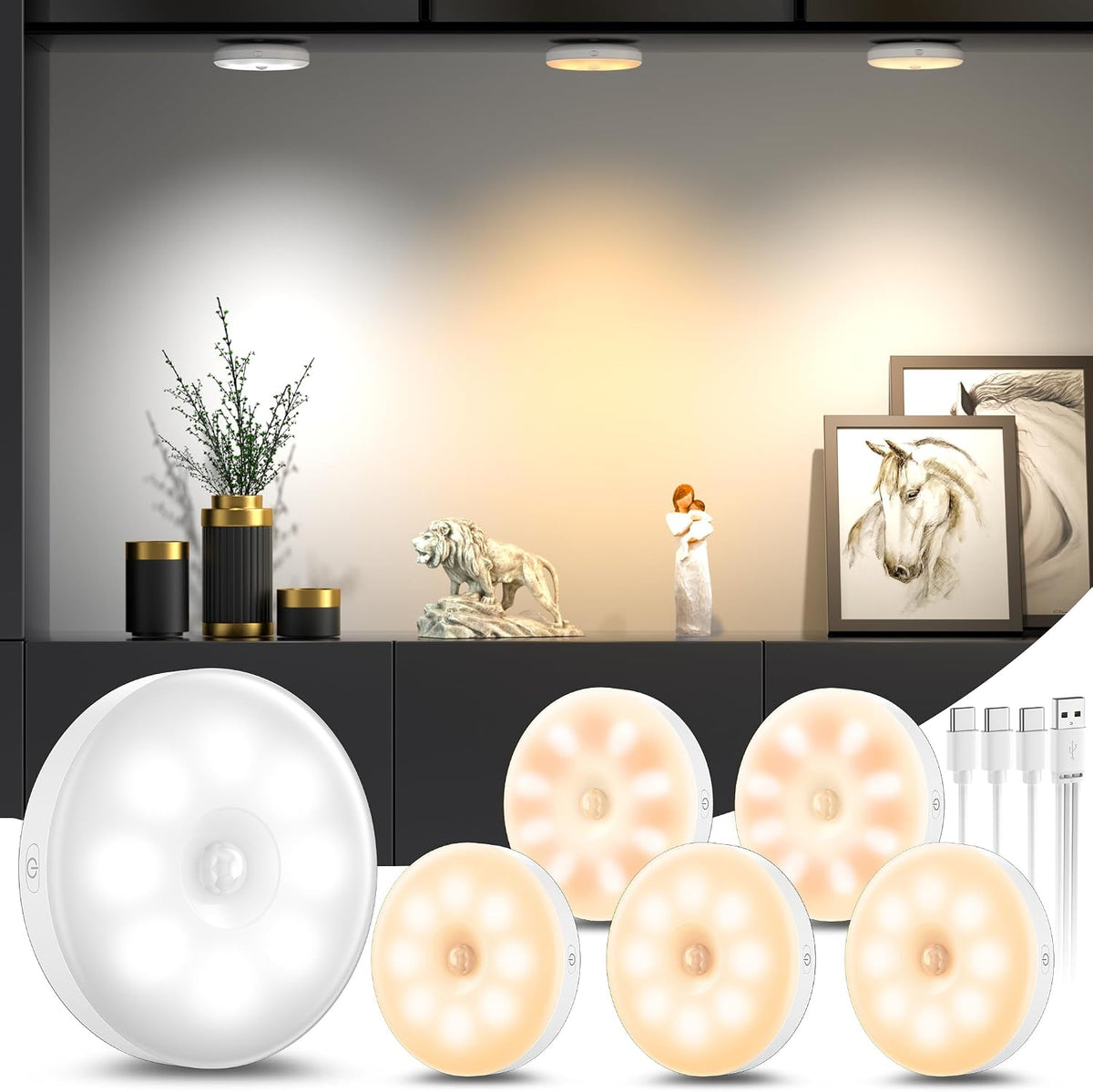 daphomeu 6 Pcs Motion Sensor Lights Indoor USB Rechargeable