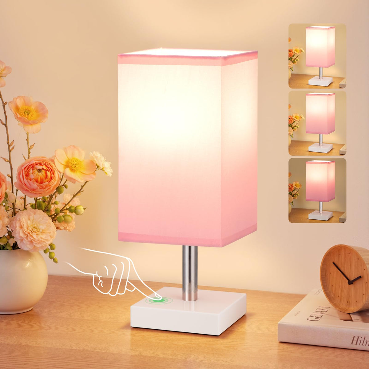 White Table Lamp for Bedroom, Small Bed Lamp with for Bedroom, Silver Base(Bulb Included)