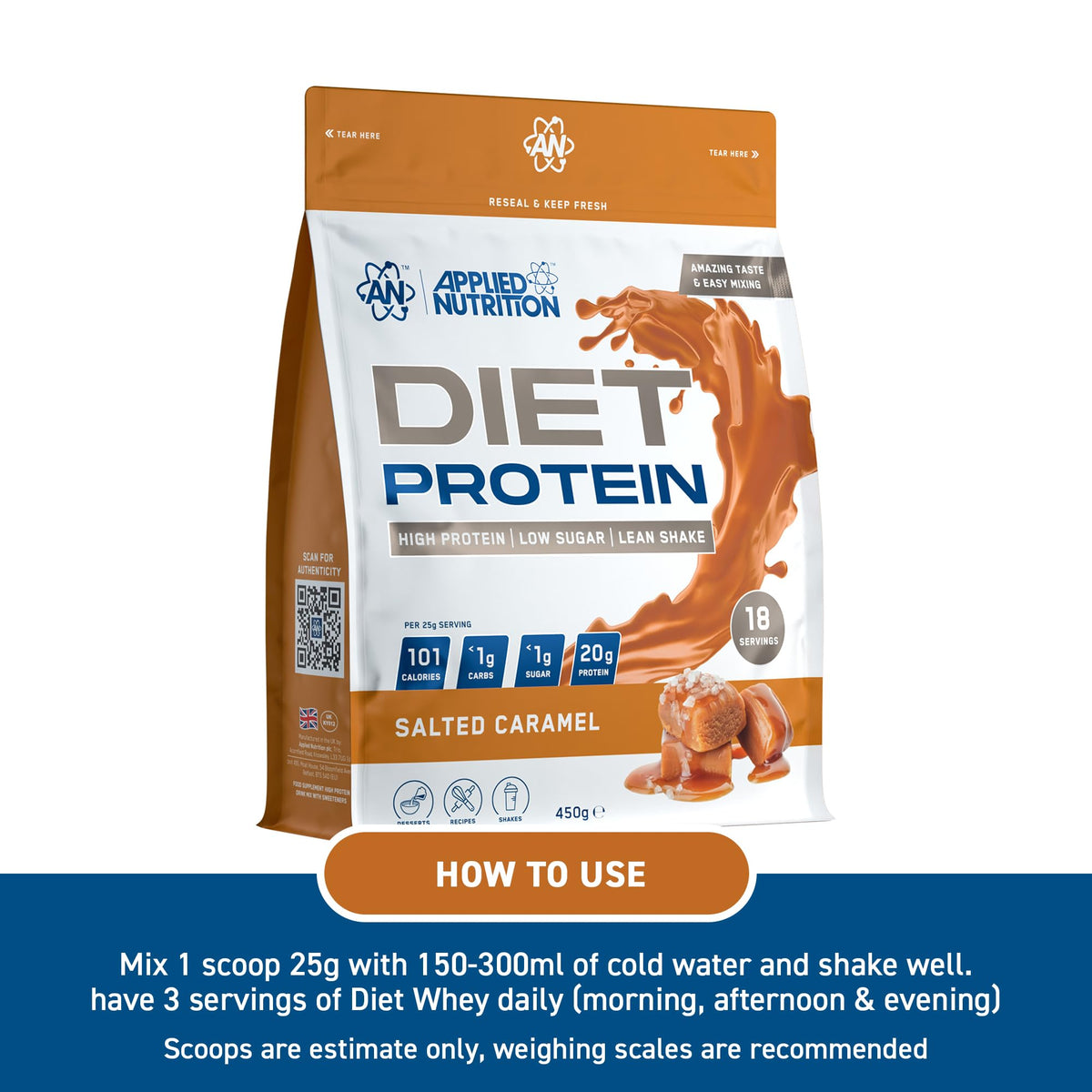 Applied Nutrition Diet Whey - High Protein Powder Supplement, Low Carb & Sugar, for Weight Management with CLA, L Carnitine, Green Tea (450g - 18 Servings) (Vanilla)