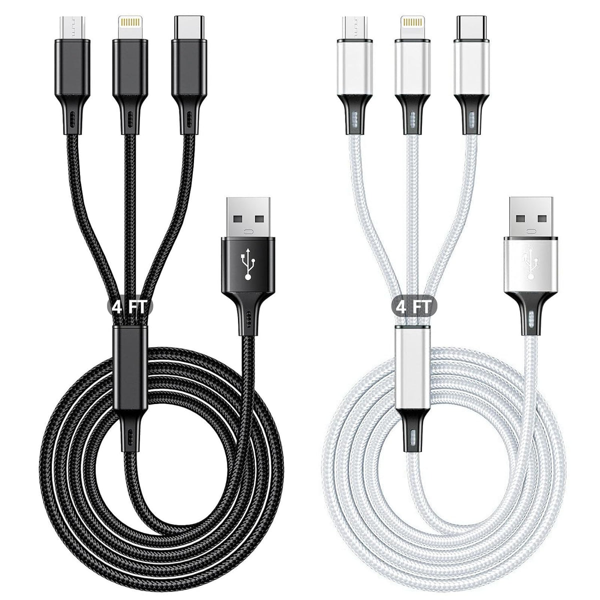 Multi Charging Cable 2 Packs 4FT,3A 3 in 1 Charging Cord for iPhone,Samsung