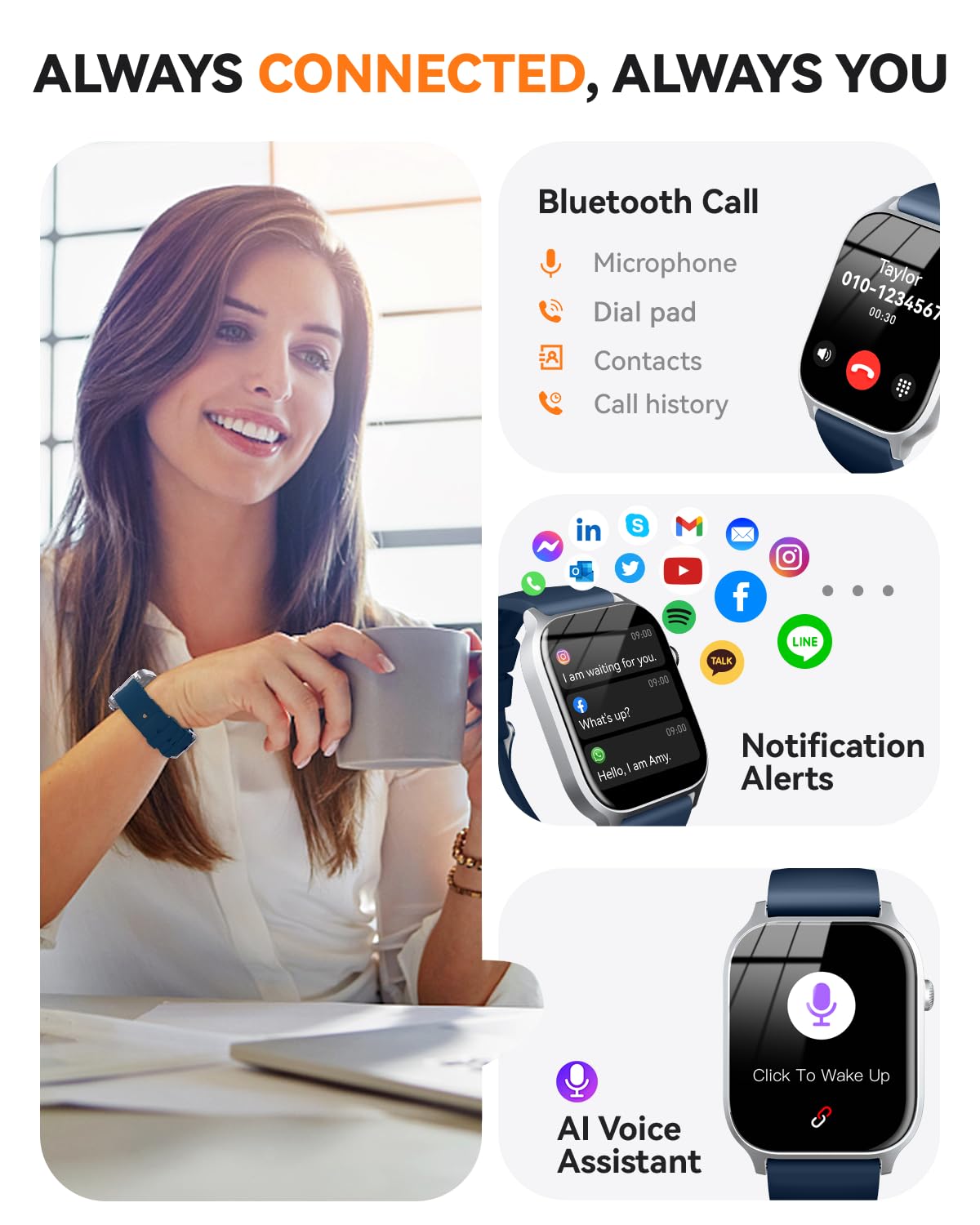 Smart Watch for Men Women- Answer/Make Call, 2024 IP68 Waterproof Fitness Tracker Watch with Sleep Step Counter Activity Smartwatch for Samsung Android iPhone iOS (Black-Blue, 1.83)