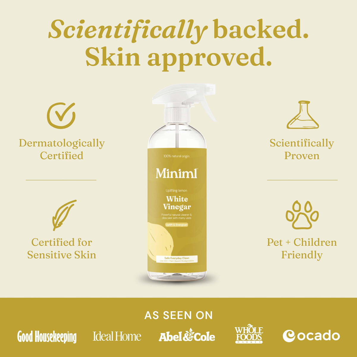 Miniml Eco White Vinegar Cleaning Unscented 750ml - All Natural Multi-Surface & Multi-Purpose Cleaner, Limescale Remover, Laundry Softener & More - 100% Vegan & Cruelty Free