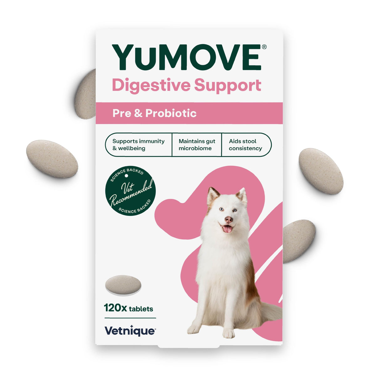 YuMOVE Digestive Care, Dog Pre and Probiotics Supplement for Gut Health, Digestive Support for All Ages and Breeds, 120 Tablets - Eco Friendly and Letter Box Ready Packaging