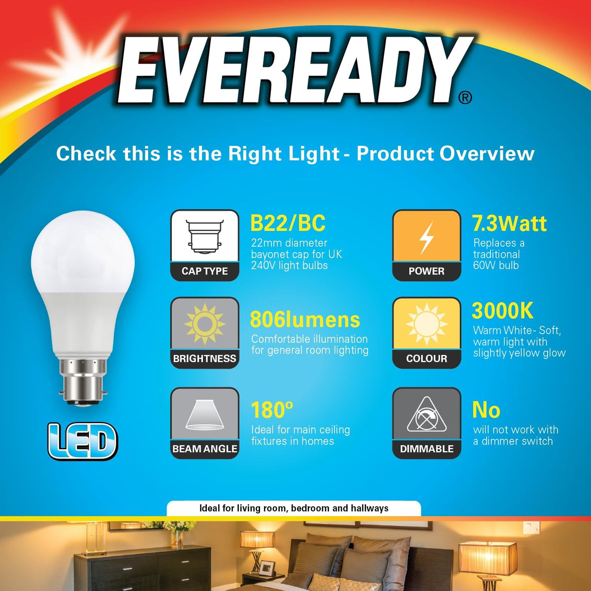Eveready Bayonet Light Bulb 60w, B22 LED Bulbs Warm White 2700K, LED BC Energy Saver Bulb, 806 Lumen, Non-Dimmable, 3-Pack