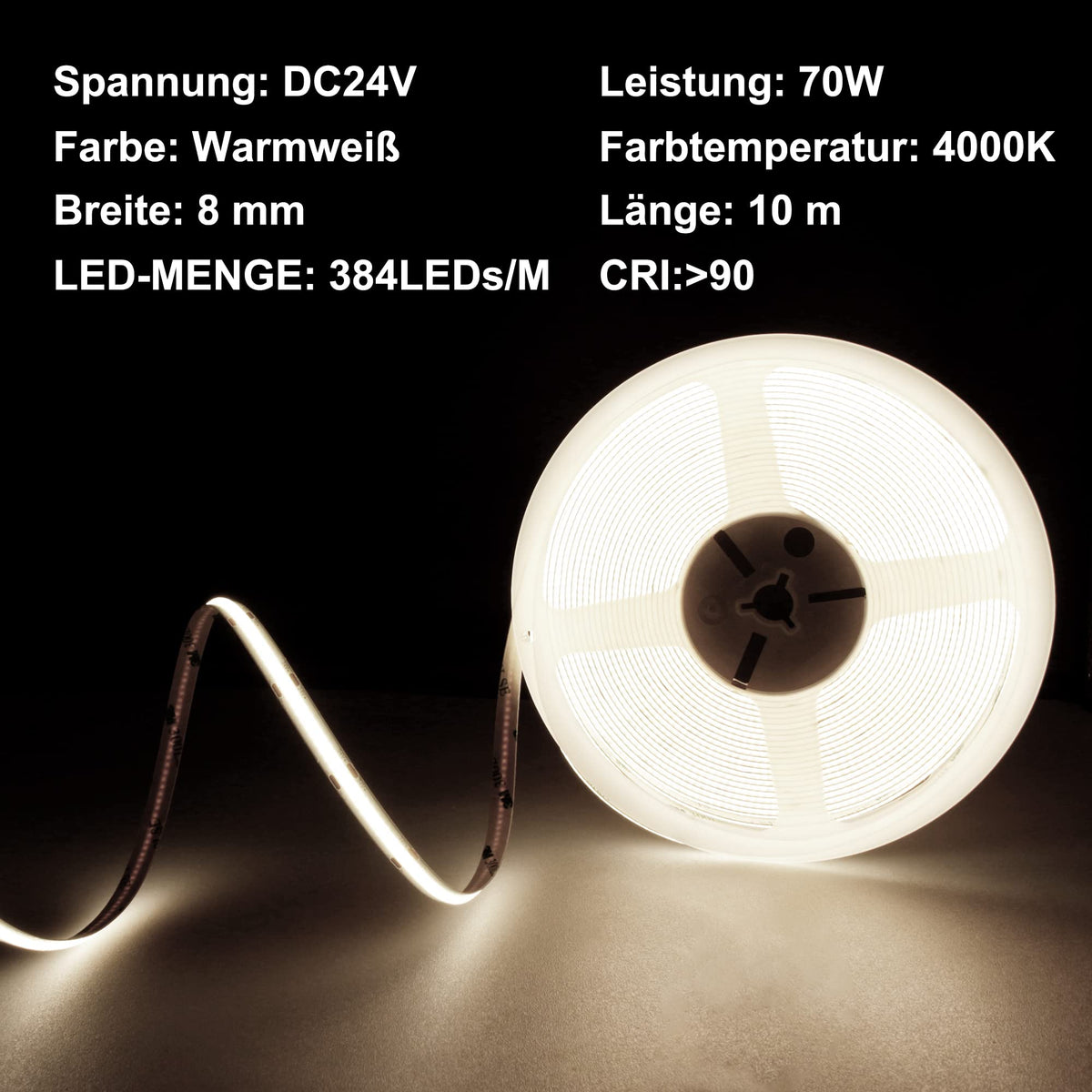 COB LED Strip 3m, 24V, Dimmable, Remote, Warm White, 2700K