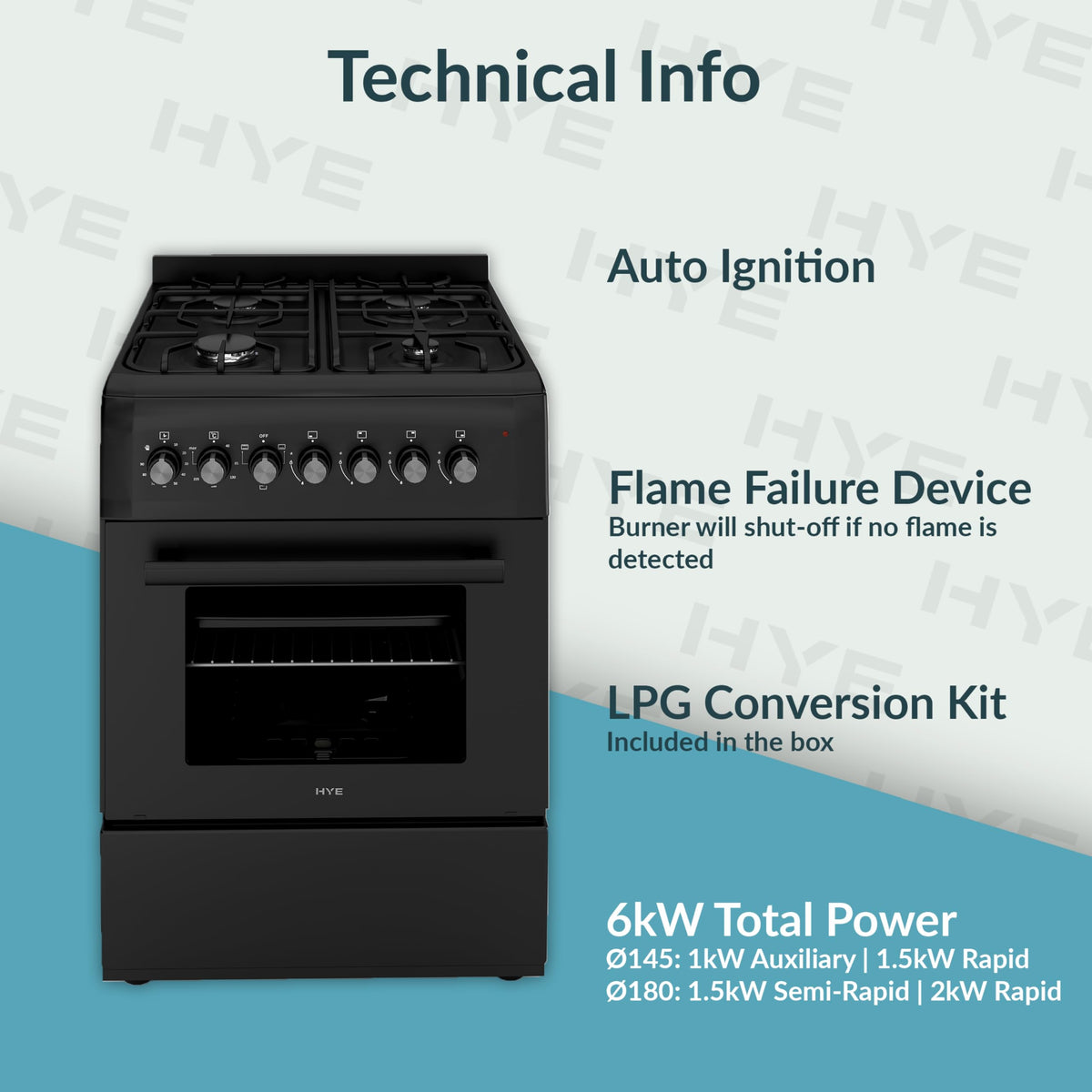 HYE Gas Cooker - 4 Gas Burners, 62L Electric Oven