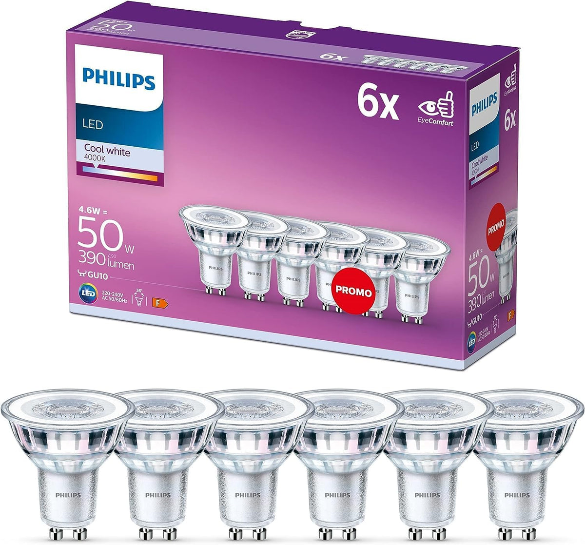 PHILIPS Classic Spotlight LED Bulb, GU10, Pack of 6